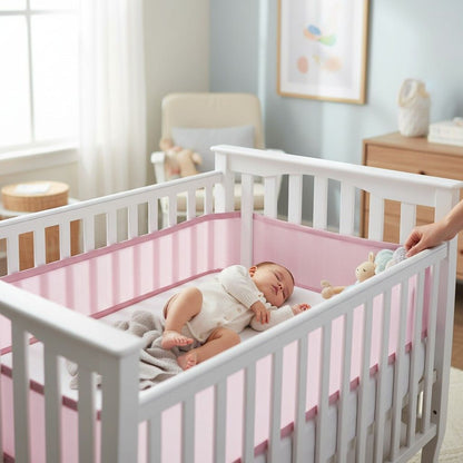 Tour de lit bébé respirant rose protégeant des barreaux du lit