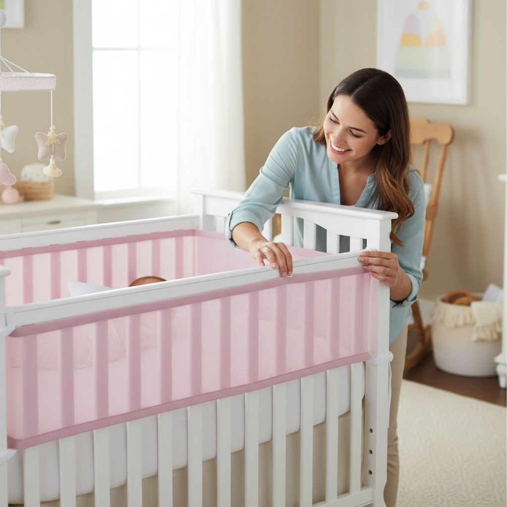 Tour de lit bébé en maille respirante rose assurant sécurité et aération