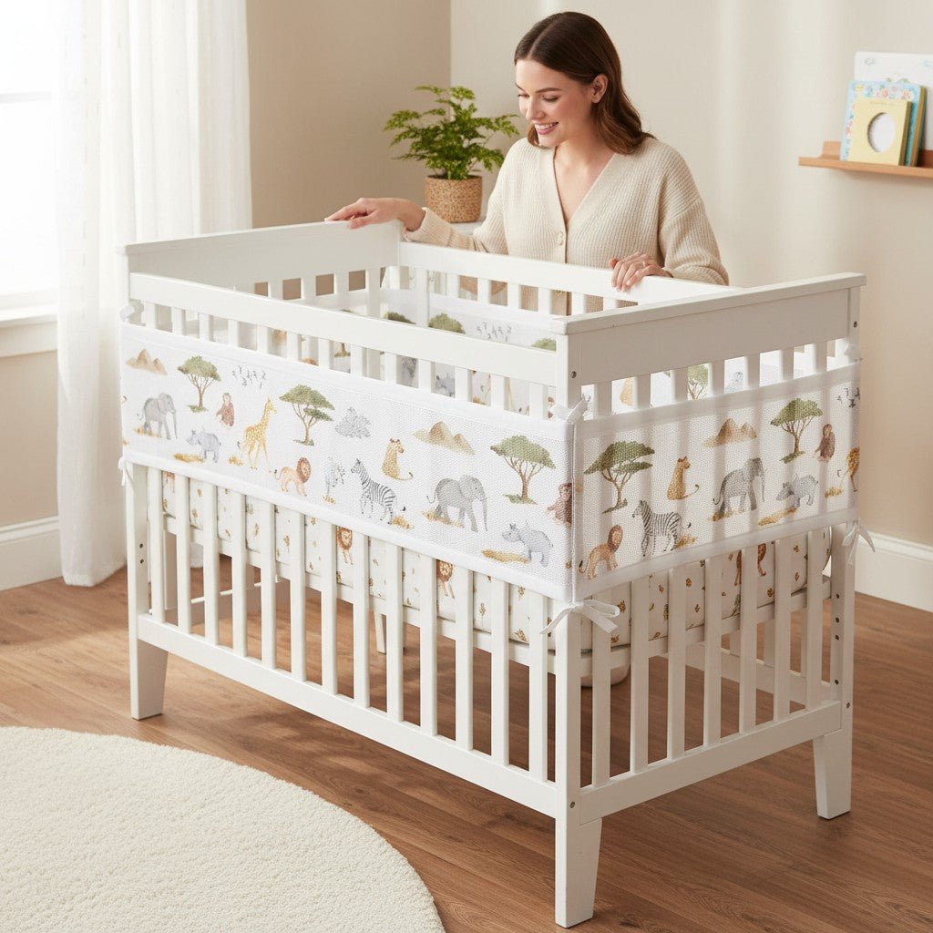 Tour de lit respirant motif zèbre et éléphant, barrière anti-choc aérée.