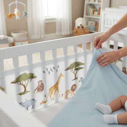 Tour de lit respirant animaux sauvages, circulation d’air optimale et sécurité.