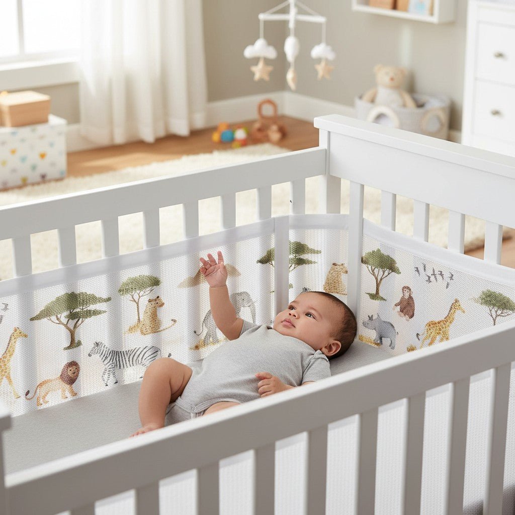Tour de lit respirant motif savane pour bébé, protection douce et ventilée.