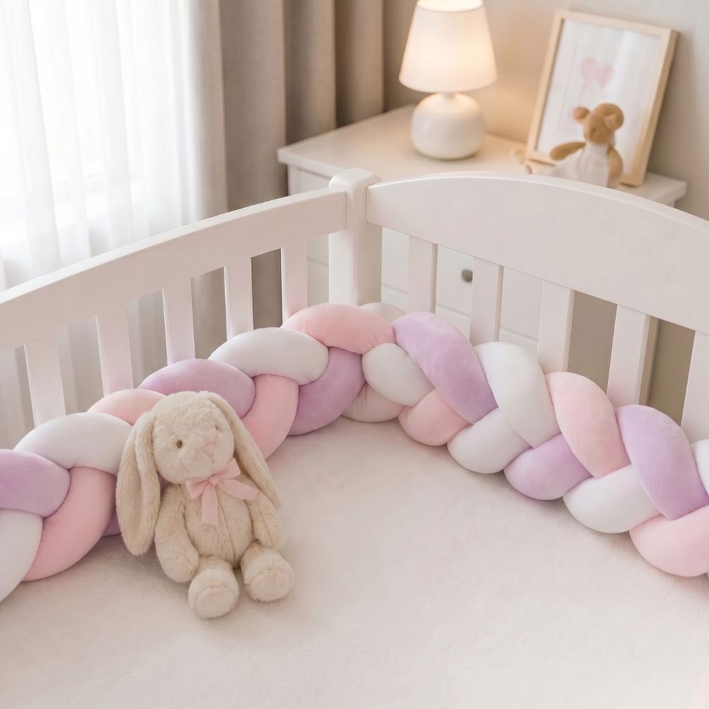 tour de lit tressé bébé rose lilas et blanc chambre bébé décoration