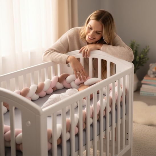 Ambiance douce chambre bébé avec tour de lit tressé apaisant