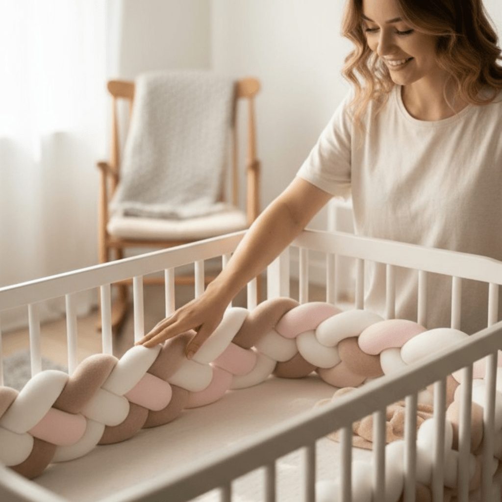 Tresse de lit bébé rose, blanc et terracotta – design moderne et apaisant