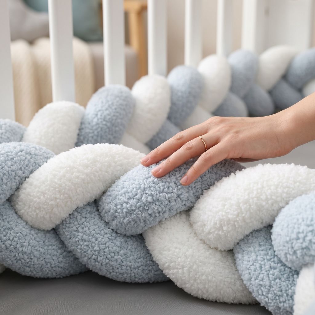 tresse de lit bébé bleu et blanc détail tressage bouclette