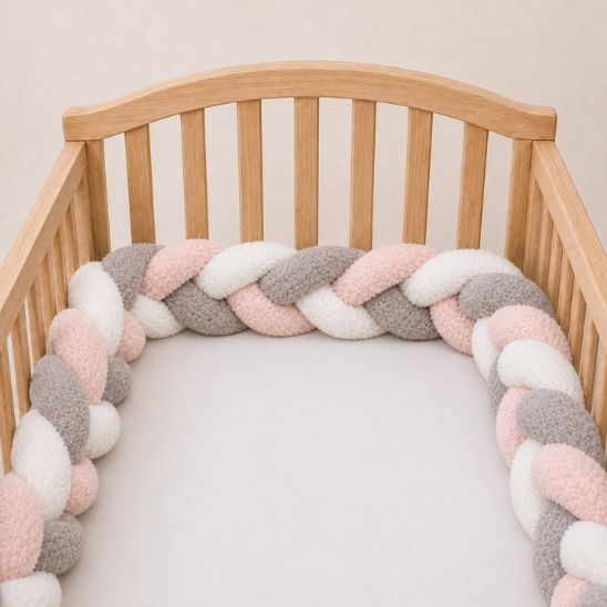Tresse de lit bébé multicolore rose, gris et blanc installée le long d'un berceau en bois