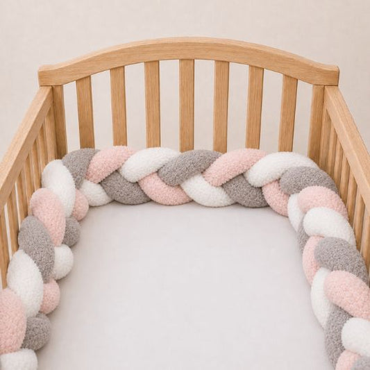 Tresse de lit bébé multicolore rose, gris et blanc installée le long d'un berceau en bois