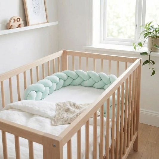 Tresse de lit bébé tressée vert d'eau dans lit à barreaux bois chambre naturelle