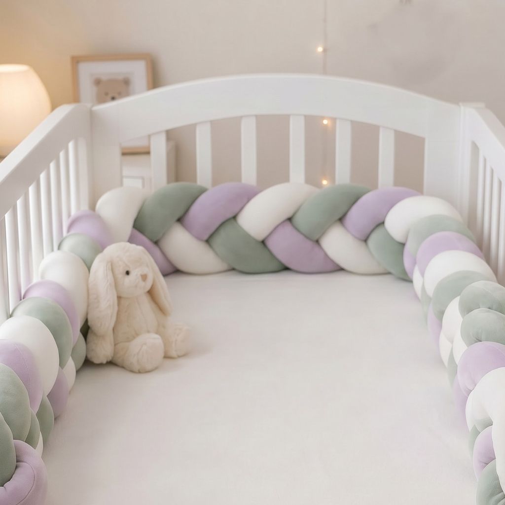 tresse de lit bébé velours vert sauge lilas et blanc détail texture
