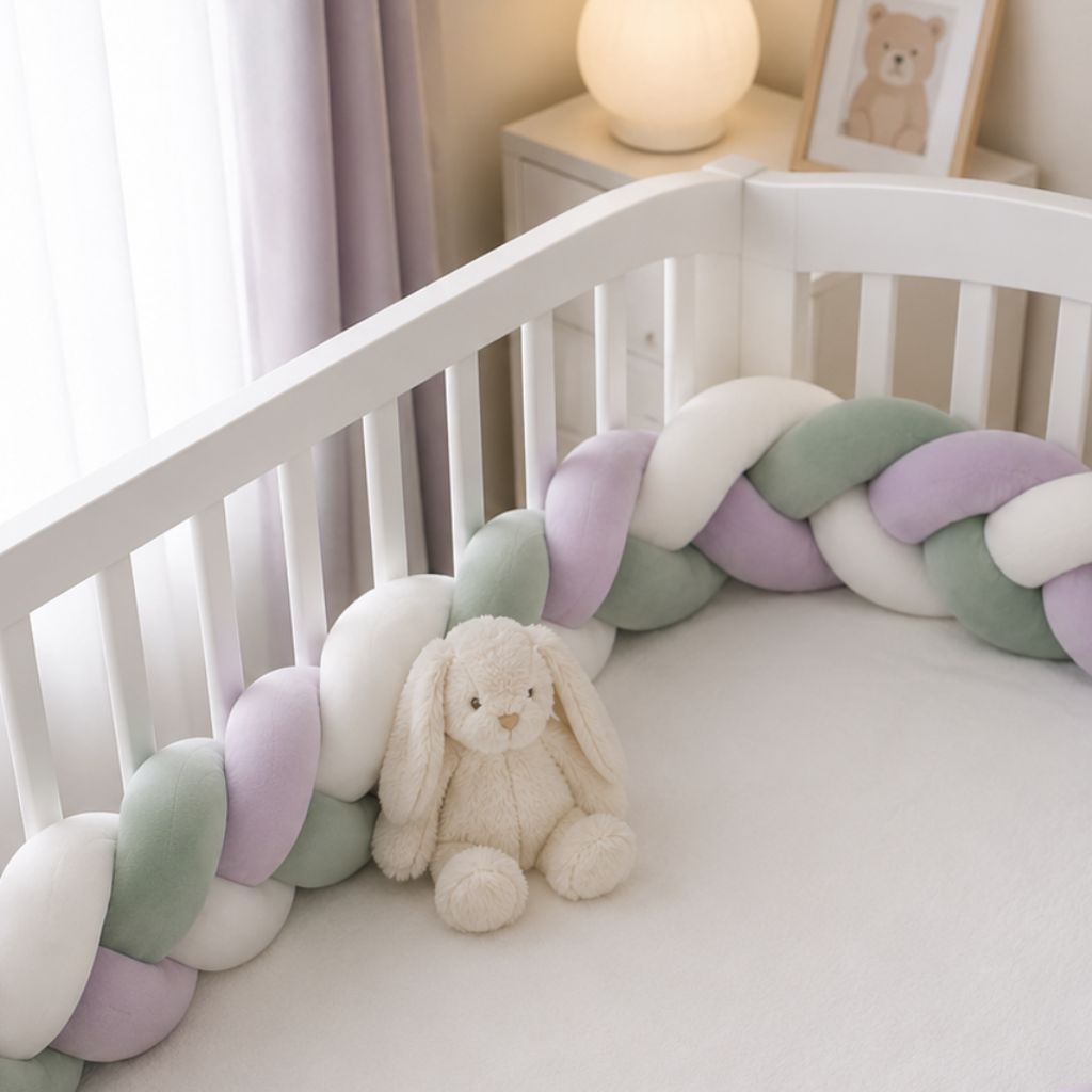 tresse de lit bébé velours vert sauge lilas et blanc vue générale