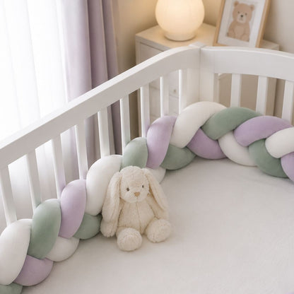tresse de lit bébé velours vert sauge lilas et blanc vue générale