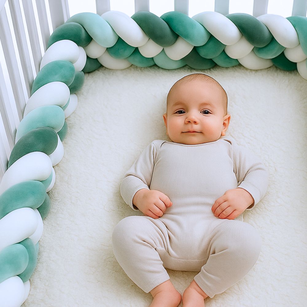 Bébé couché dans un berceau avec tresse de lit vert sauge tricolore