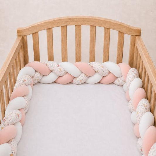 Tresse de lit Doudou rose et blanche installée le long d'un lit à barreaux