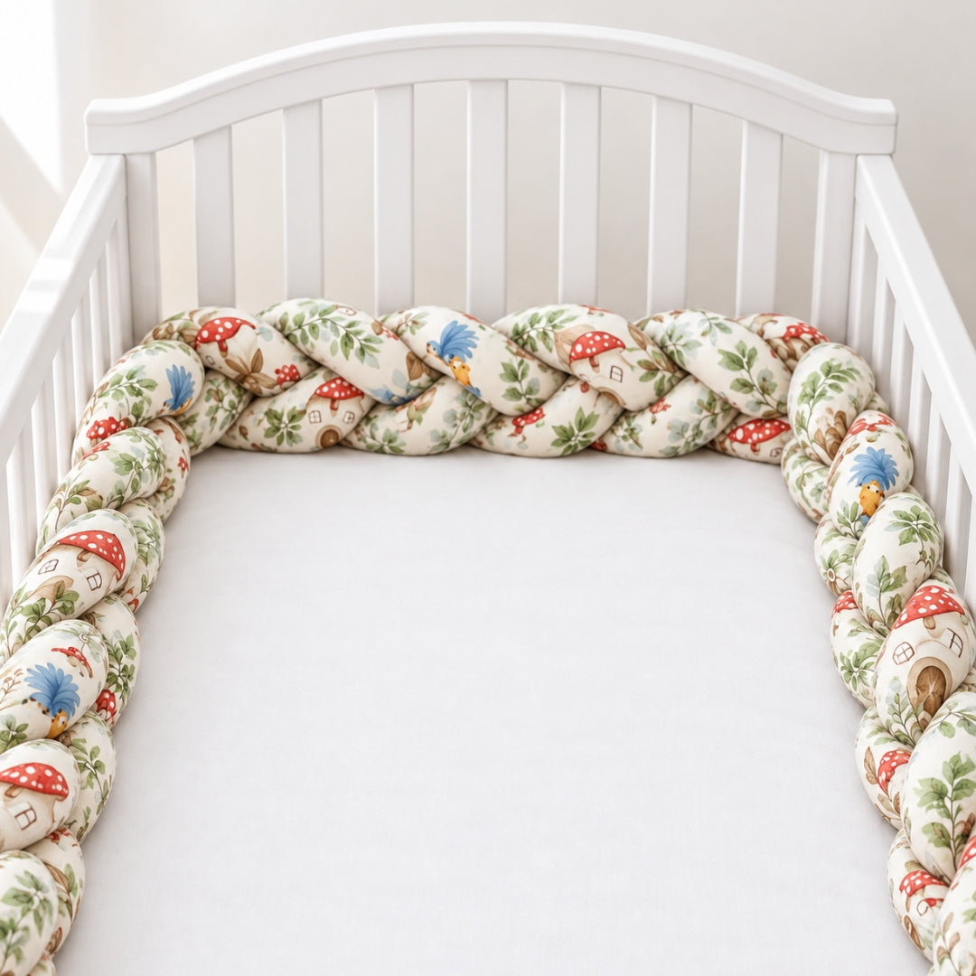 Tresse de lit enfant Conte motif champignons et oiseaux dans un lit blanc