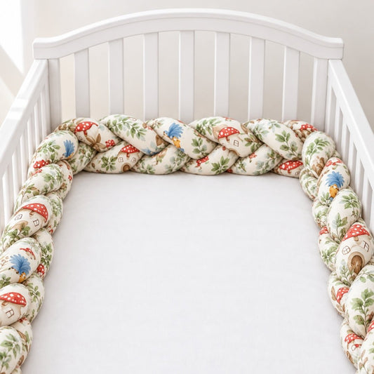 Tresse de lit enfant Conte motif champignons et oiseaux dans un lit blanc
