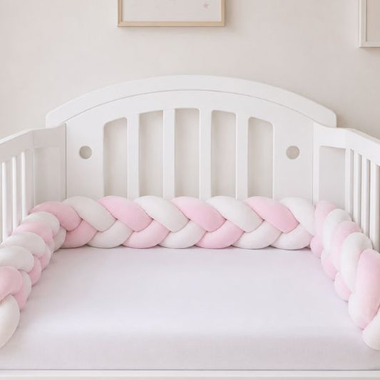 Tresse de lit rose et blanc installée tout le long d'un lit à barreaux bébé