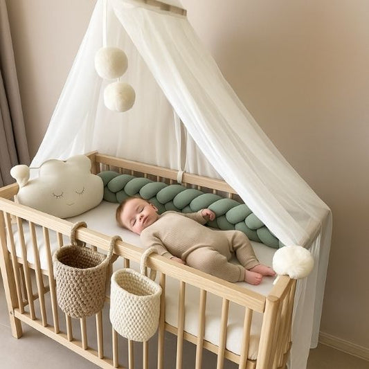 Tour de lit bébé vert sauge pastel moelleux et sécurisant, idéal pour un sommeil paisible