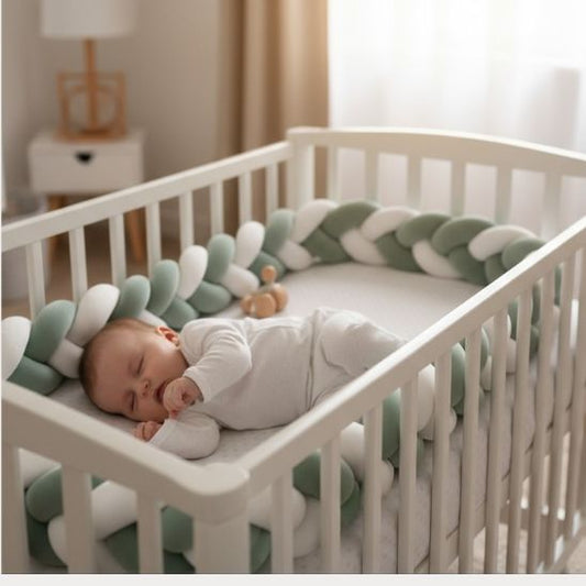 bébé dort dans son berceau avec la tresse de lit bébé vert sauge en protection.