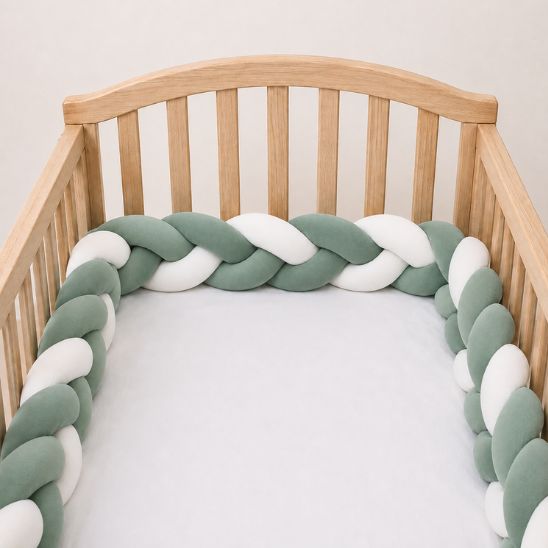 Tresse de lit bébé vert sauge et blanc installée sur un lit à barreaux en bois