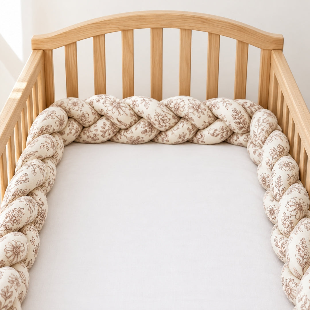 Tresse tour de lit bébé fleurie botanique brun dans un lit en bois clair