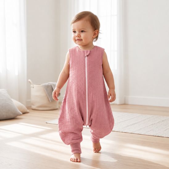 Bébé qui marche dans sa turbulette à jambes rose clair sur un tapis