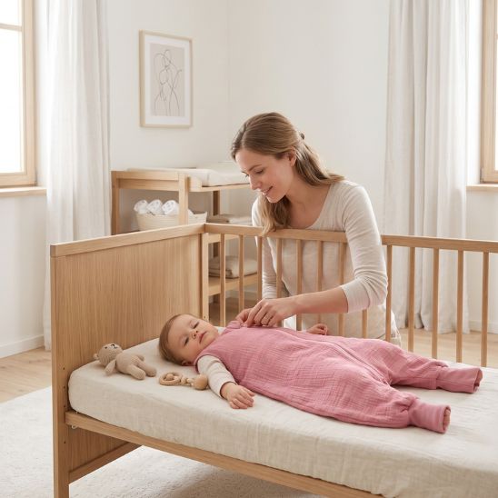Maman habillant bébé avec sa turbulette à jambes rose avant le coucher