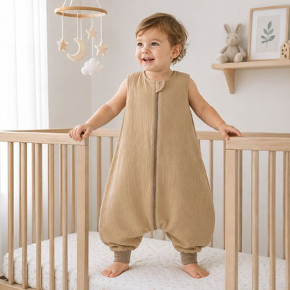 Turbulette à pieds camel en double gaze de coton, enfant debout dans son lit près d'un mobile nuages et étoiles