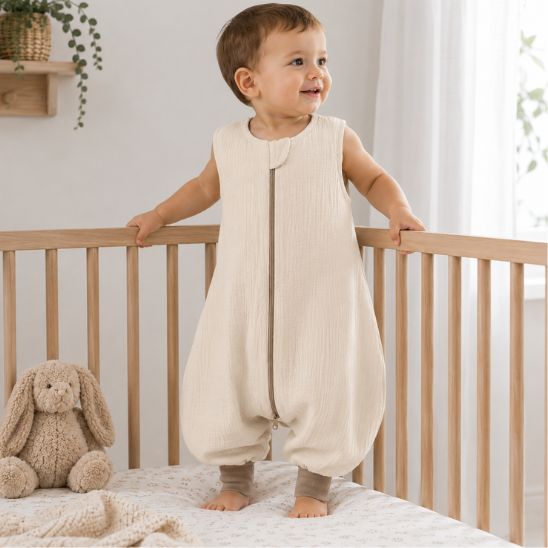 Turbulette à pieds écru portée par un enfant debout dans son lit, peluche lapin au premier plan