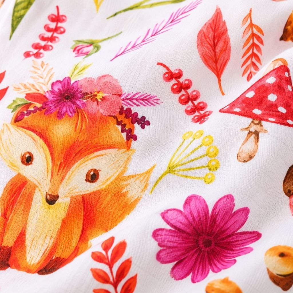 Gros plan sur le tissu en coton motif renard de la turbulette bébé 9-24 mois