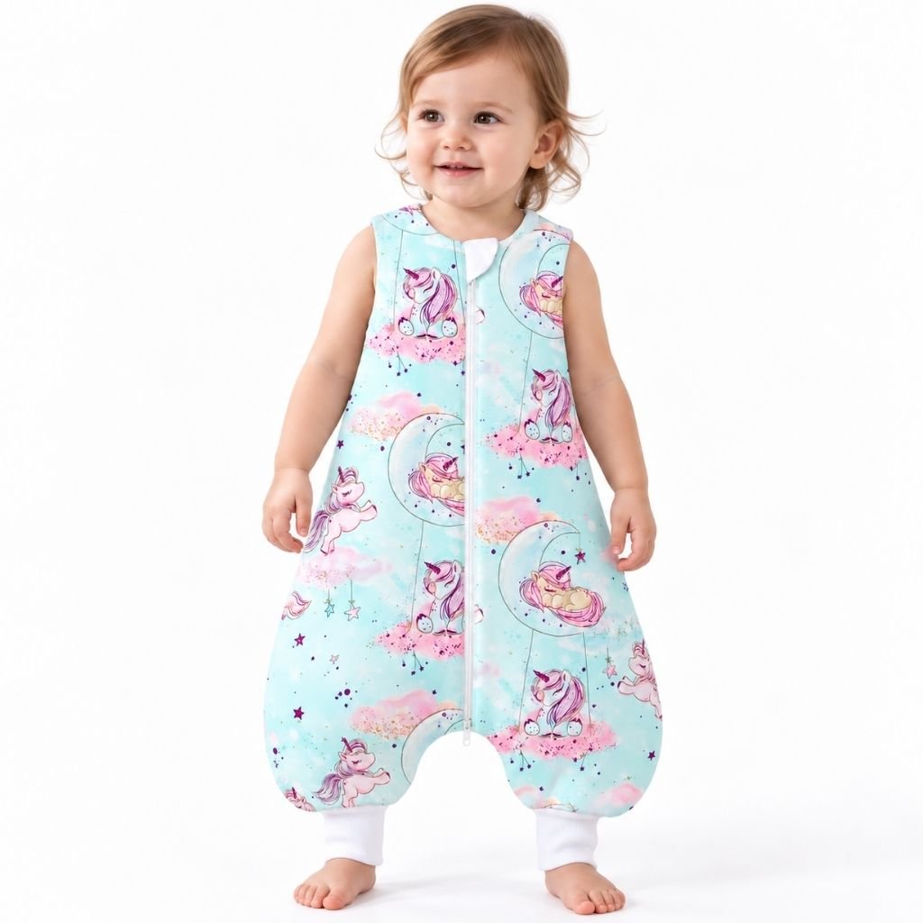 Bébé debout sur fond blanc, portant la turbulette bébé 9-24 mois motif Licorne