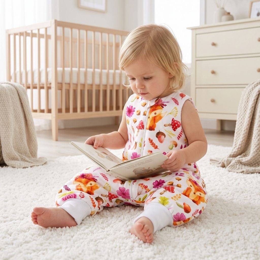 Bébé assis sur un tapis en train de lire, portant la turbulette bébé 9-24 mois motif Renard