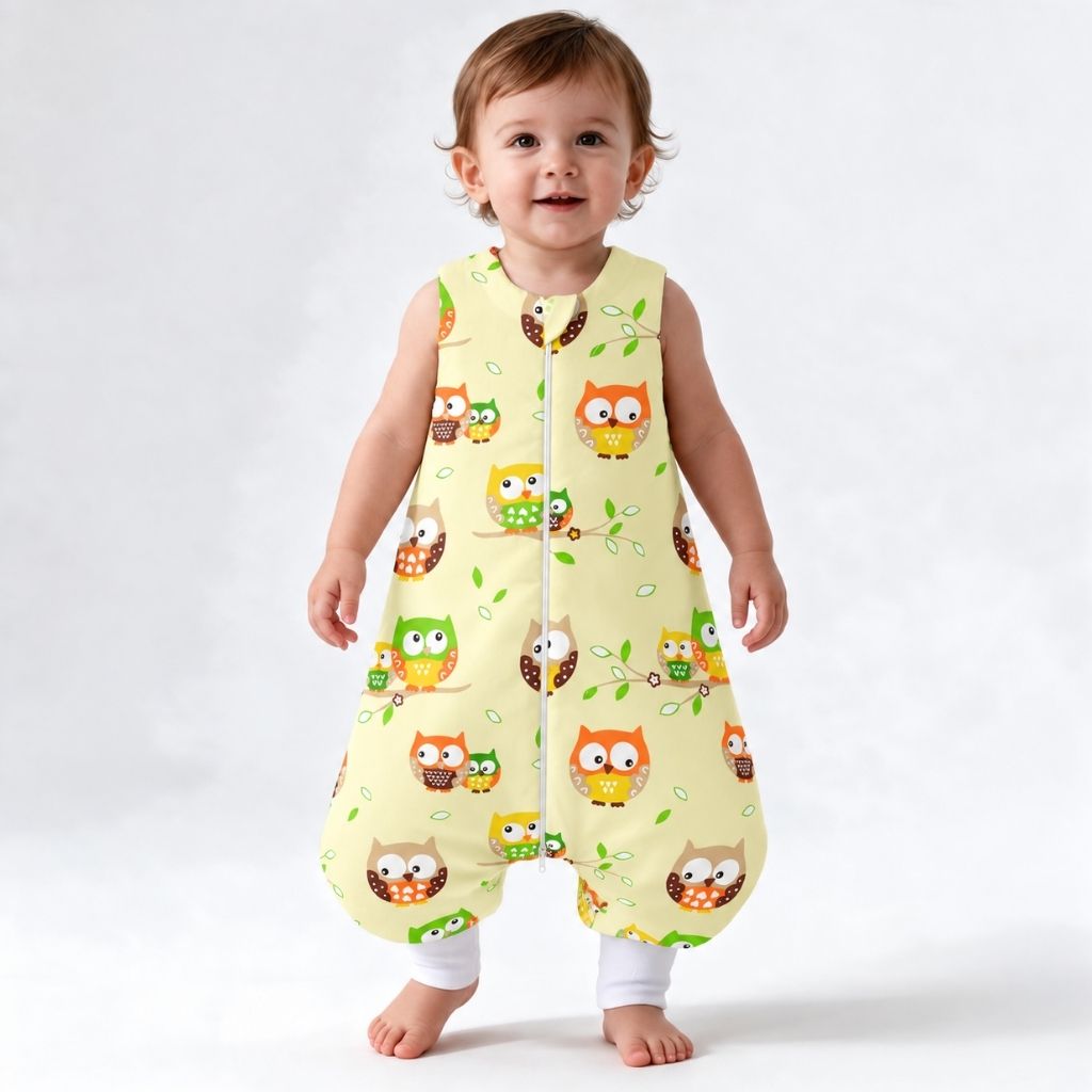 Turbulette chaude bébé avec jambes motif hiboux jaune portée par un enfant