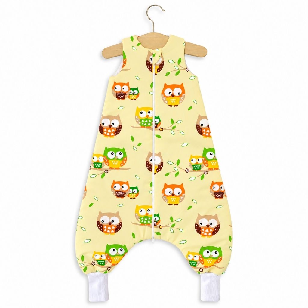 Turbulette chaude bébé avec jambes motif hiboux rose sur cintre