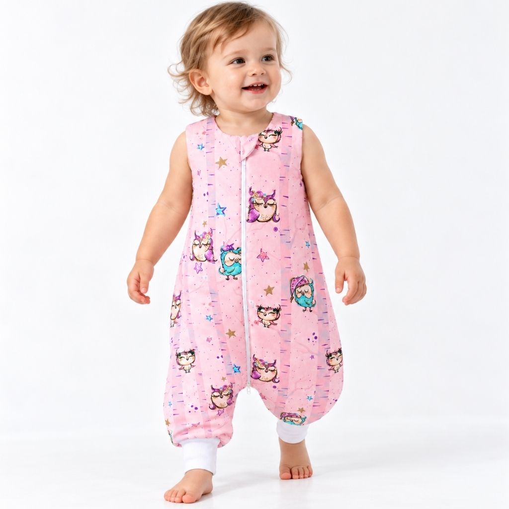 Turbulette chaude bébé avec jambes motif hiboux rose portée