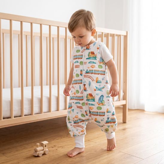 Bébé debout devant son lit à barreaux avec un jouet train au sol, portant la turbulette hiver motif Petit Train