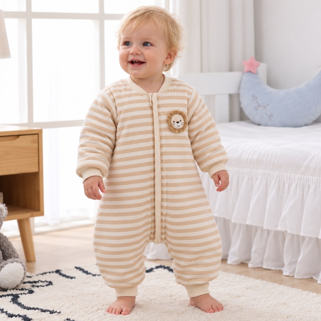 Bébé debout dans sa chambre en turbulette manche longue rayée beige