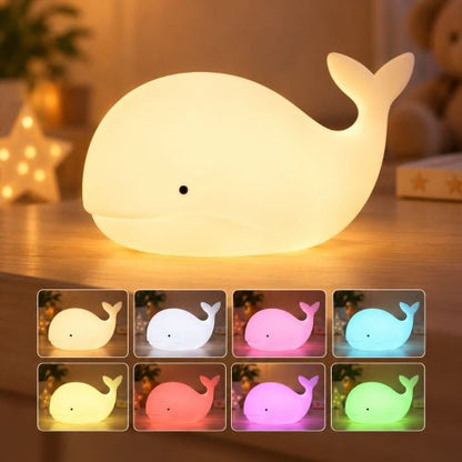Veilleuse baleine déclinée en huit couleurs différentes sous forme de mosaïque