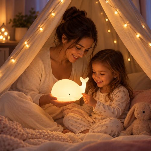 Maman et petite fille dans une cabane de guirlandes lumineuses, tenant la veilleuse baleine