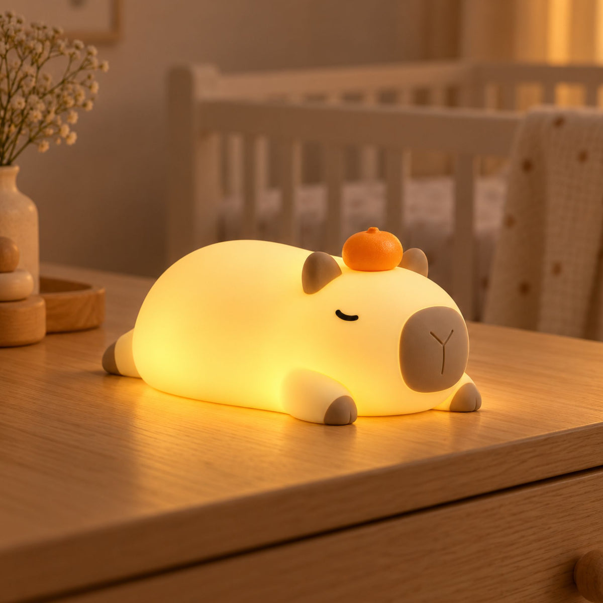 Veilleuse bébé capybara couché Clémentine avec sa mandarine dans la chambre de bébé