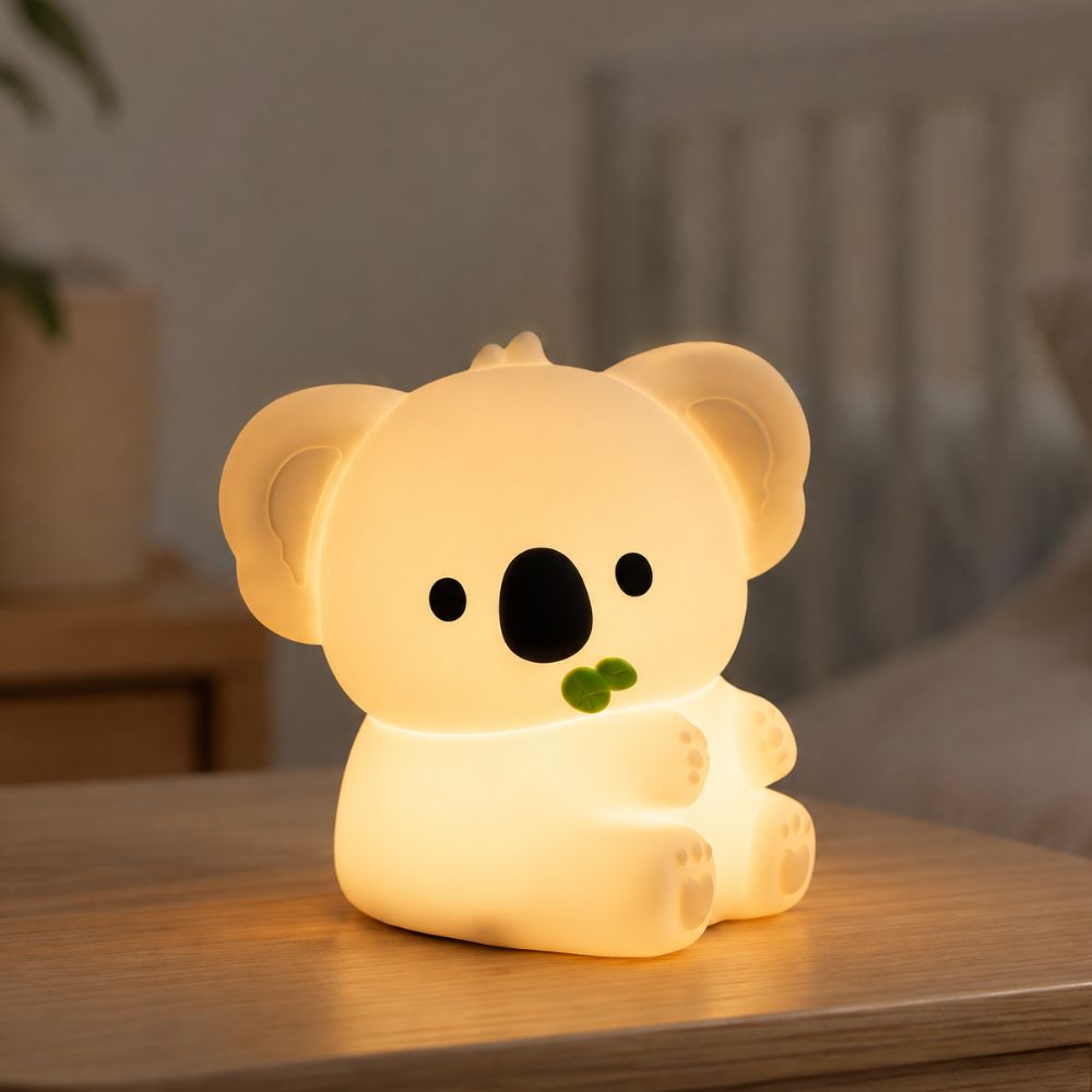 Veilleuse bébé koala allumée posée sur une table de chevet