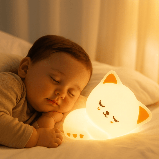 Bébé dort paisiblement avec sa veilleuse bébé chat lumineuse