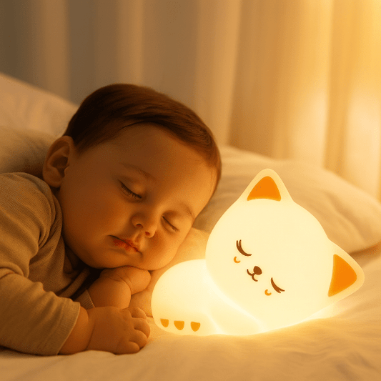 Bébé dort paisiblement avec sa veilleuse bébé chat lumineuse