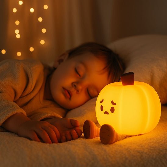 Enfant dormant paisiblement avec la veilleuse bébé citrouille