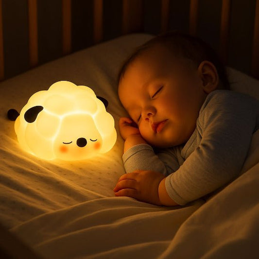 Enfant qui dort paisiblement avec sa veilleuse bébé mouton