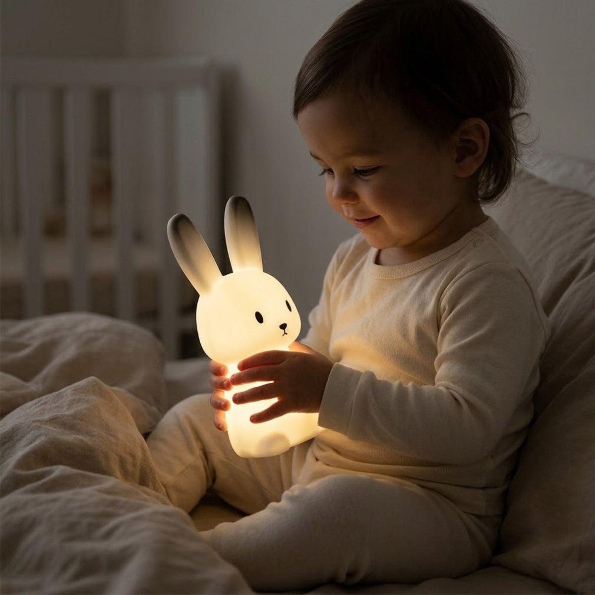 Enfant qui tient sa veilleuse bébé lapin allumée dans son lit