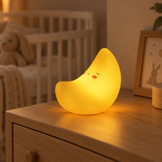 Veilleuse bébé lune en silicone allumée sur la commode de la chambre de bébé