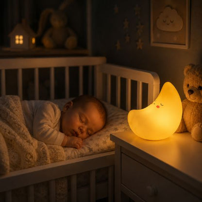 Veilleuse bébé lune posée sur commode blanche avec bébé endormi dans son lit à barreaux