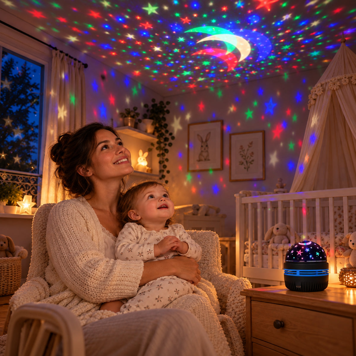 Veilleuse bébé projection plafond Lunaïa, maman et bébé sous la lune et les étoiles