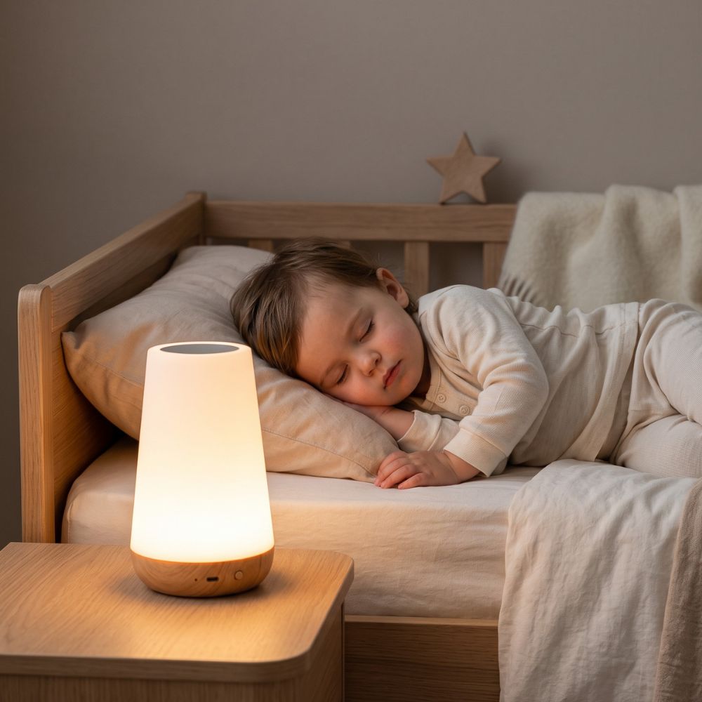 Veilleuse bébé rechargeable sur une table de chevet dans une chambre d'enfant