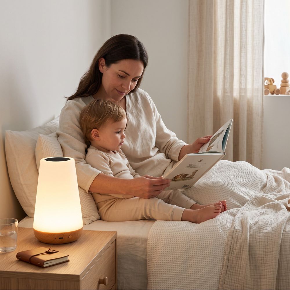 Une maman et son enfant lisent une histoire près de la veilleuse bébé rechargeable